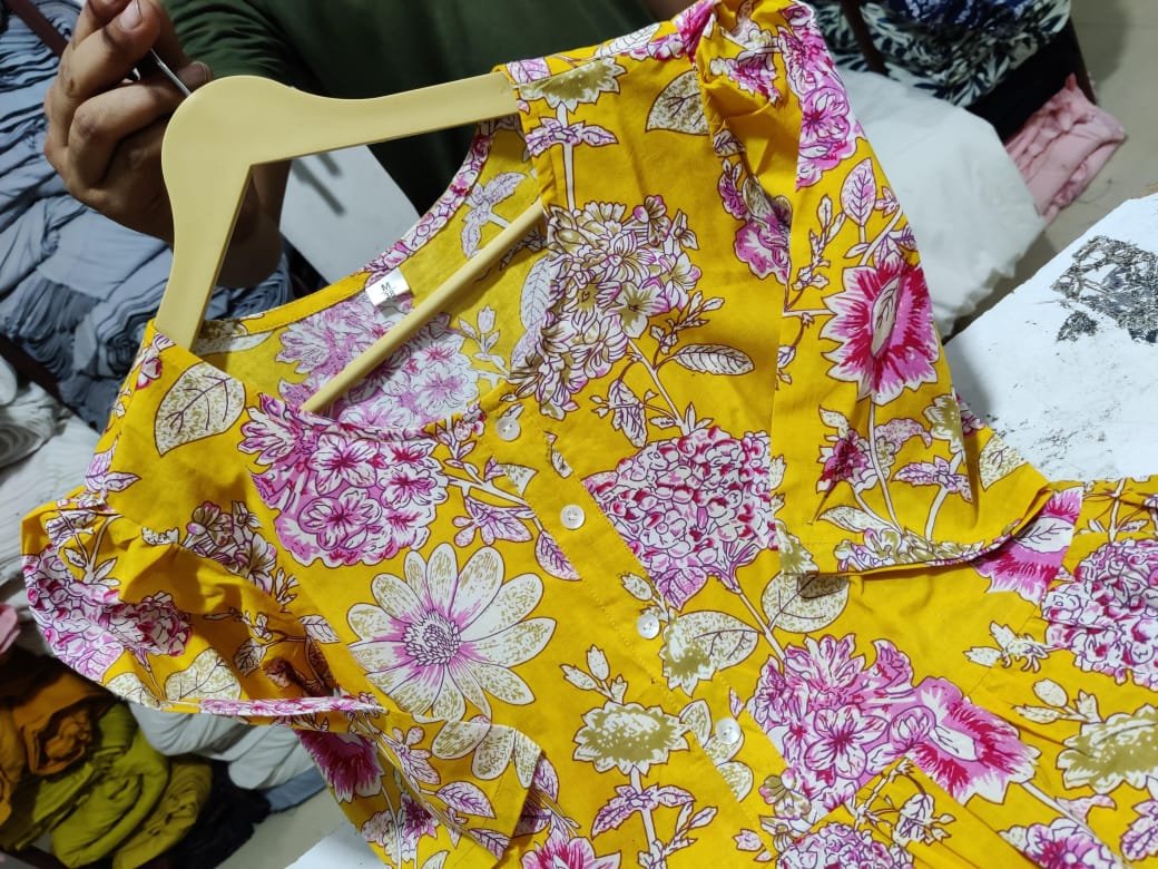 Orange Printed Cotton Midi Gown Dress